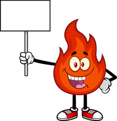 Happy Red Fire Cartoon Character Holding Up A Blank Sign. Vector Hand Drawn Illustration Isolated On Transparent Background