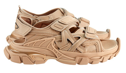 Summer sports sandals in beige color, with Velcro fasteners with a massive sole, isolated on a...