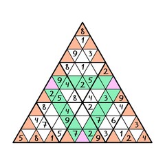 Unusual sudoku pyramid game with triangular cells vector illustration. Educational number game for beginners non-classical shape
