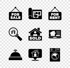 Set Hanging sign with For Sale, House plan, Rent, Hotel service bell, Location house, Washer, Search and text Sold icon. Vector