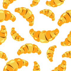 Seamless appetizing pattern of croissants on a white background.The vector confectionery pattern can be used in bakeries,cafes,textiles,packaging.