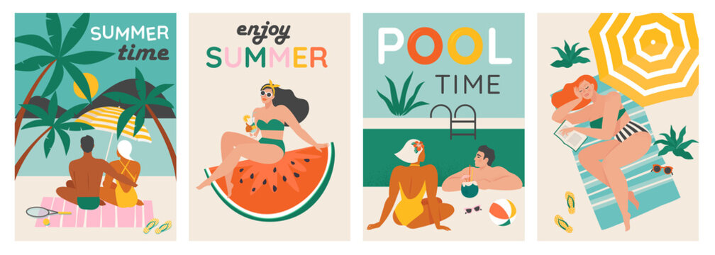 Set of a summer background. Summer swimming, swimming, diving in a huge watermelon. Couple relaxing at the beach . Vector cards, poster design illustration.