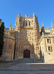 Front view of the main gate of the Cathedral of Salamanca at Patio Chico street.