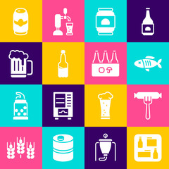 Set Beer menu, Sausage on the fork, Dried fish, can, Plastic beer bottle, Wooden mug, and Pack of bottles icon. Vector