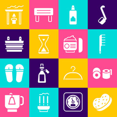 Set Bath sponge, Toilet paper roll, Hairbrush, Spray can for hairspray, Sauna hourglass, bucket, Aroma candle and Cream lotion cosmetic tube icon. Vector