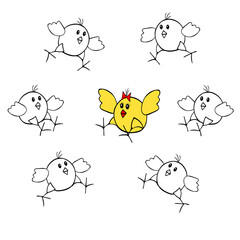One yellow and Group of fan outline black Vector Easter chickens run on a white background