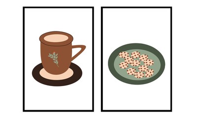 Set two of a cup of coffee and biscuits wall art. Kitchen wall decor. Minimalist Scandinavian wall decorations.