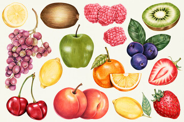 Illustration of isolated assortment of fruits watercolor style