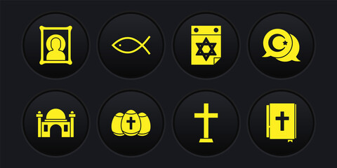 Set Muslim Mosque, Star and crescent, Easter egg, Christian cross, Jewish calendar, fish, Holy bible book and icon icon. Vector