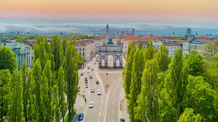 Aerial view of the Siegestor in Munich, Germany - obrazy, fototapety, plakaty