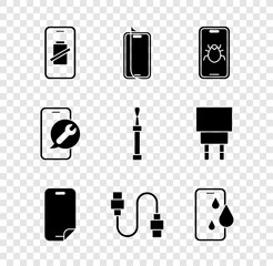 Set Smartphone battery charge, Glass screen protector, System bug mobile, USB cable cord, Waterproof, Mobile service and Screwdriver icon. Vector
