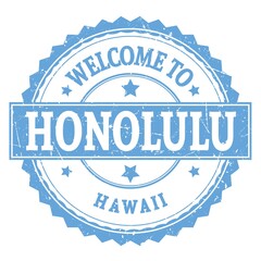 WELCOME TO HONOLULU - HAWAII, words written on light blue stamp