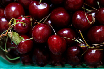 Ripe organic red cherries close up macro	