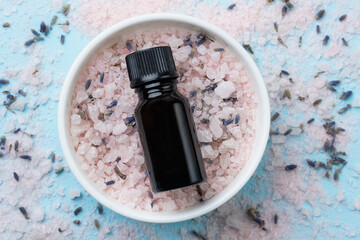 aromatic Lavender Himalayan sea salt. Top view, copy space. Home spa. Aromatherapy