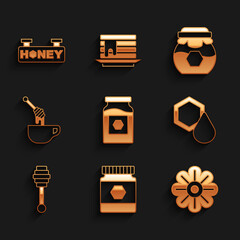 Set Jar of honey, Flower, Honeycomb, dipper stick, with, and Hanging sign honeycomb icon. Vector