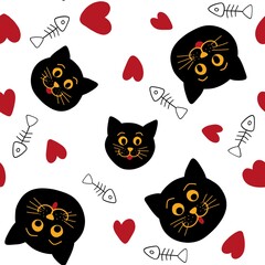 seamless pattern with black cats and hearts