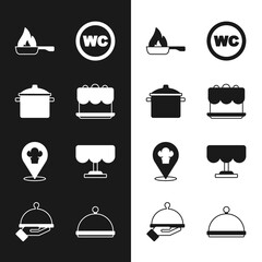 Set Cake, Cooking pot, Frying pan, Toilet, Chef hat with location, Wooden table, Covered tray and of food icon. Vector