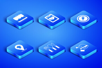 Set Roasted turkey or chicken, Cake, Fork, spoon and knife, Chef hat with location, Restaurant cafe menu and Served fish plate icon. Vector