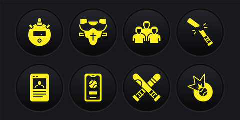 Set Baseball card, Broken baseball bat, Mobile with, Crossed, Team of players, Player chest protector, and Stopwatch icon. Vector