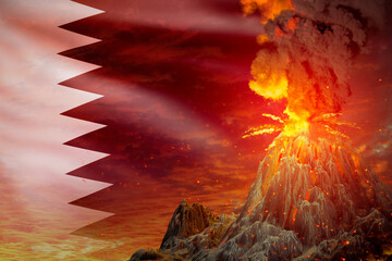conical volcano blast eruption at night with explosion on Qatar flag background, problems of natural disaster and volcanic earthquake concept - 3D illustration of nature