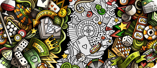 Casino hand drawn doodle banner. Cartoon vector detailed flyer.