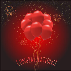 Red balloons with gold sparkles and fireworks on a red background