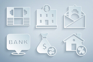 Set Money bag, Envelope with dollar symbol, Bank building, House percant discount, and Stacks paper money cash icon. Vector