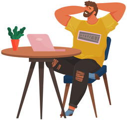 Happy man chilling on his working place. Relaxed guy sitting on chair feeling satisfied from work productivity at home. Pleasant happy worker at desk with computer, thinking or dreaming person