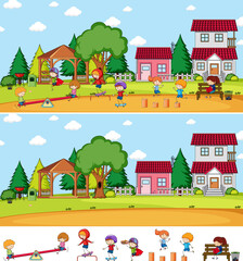 Playground scene set with many kids doodle cartoon character isolated