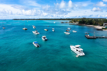 Aerial view, beaches with luxury hotels with water sports at Trou-aux-Biches Pamplemousses Region,...