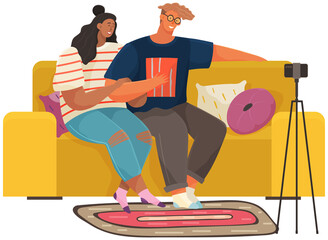 Couple sitting on sofa is broadcasting live, podcasting using phone. Man and woman record video, live online podcast. People smiling at camera on smartphone, filming video blog vector illustration