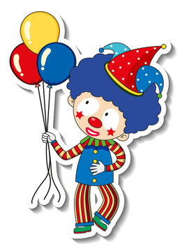 Sticker template with happy clown cartoon character isolated