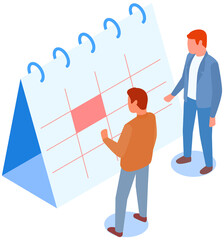 Task planning, businessmen look at calendar, time management, month planning concept. Men making business timetable. People analyze plan, schedule. Colleagues are discussing calendar for work