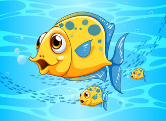 Many exotic fishes cartoon character in the underwater scene