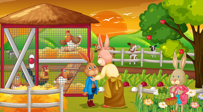 Farm at sunset time scene with rabbit family and farm animals