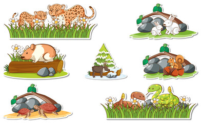 Sticker set with different wild animals and nature elements