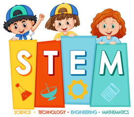 STEM education logo banner with kids cartoon character