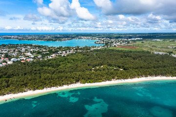 Aerial view, beaches with luxury hotels with water sports at Trou-aux-Biches Pamplemousses Region,...