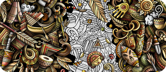 Native American hand drawn doodle banner. Cartoon vector detailed flyer. Illustration with ethnicobjects and symbols. Colorful horizontal background