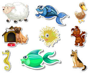 Set of stickers with sea animals and dogs cartoon character