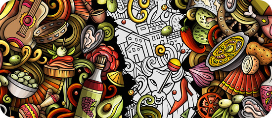 Spain hand drawn doodle banner. Cartoon vector detailed flyer. Illustration with Spanish objects and symbols. Colorful horizontal background
