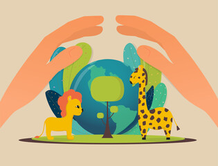 environment protection concept, vector cartoon  image with animals and planet, isolated