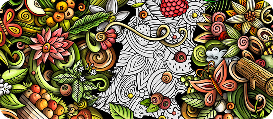 Summer nature hand drawn doodle banner. Cartoon vector detailed flyer.
