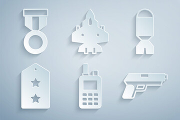 Set Walkie talkie, Rocket launcher, Military rank, Pistol or gun, Jet fighter and reward medal icon. Vector