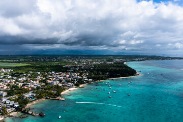 Fototapeta na wymiar Aerial view, beaches with luxury hotels with water sports at Trou-aux-Biches Pamplemousses Region, , Mauritius, Africa