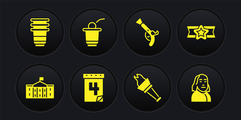 Set United States Capitol Congress, Star American military, Calendar with date July 4, Torch flame, Vintage pistols, Beer pong game, Benjamin Franklin and Paper glass icon. Vector