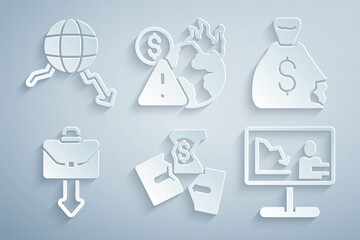 Set Tearing money banknote, Money bag, Briefcase, Global economic crisis news, and icon. Vector