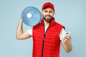 Delivery guy employee man in red cap white T-shirt vest uniform workwear work dealer courier hold...