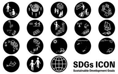 SDGs、17目標のピクトグラムアイコン、丸型白黒版 - obrazy, fototapety, plakaty