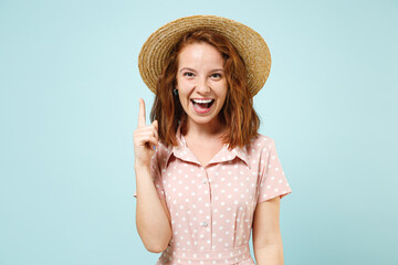 Insighted smart proactive happy young redhead woman 20s hold index finger up with great new idea...